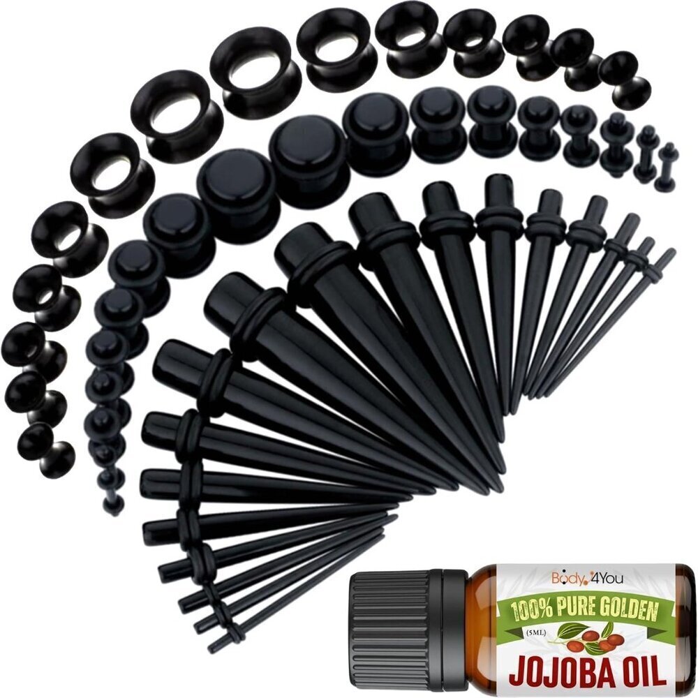 Ear Stretching Kit Silicone Acrylic Plugs Tapers Tunnels with Jojoba Oil